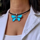 Women's Leather Choker Necklace, Crystal Butterfly Pendant
