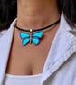 Women's Leather Choker Necklace, Crystal Butterfly Pendant
