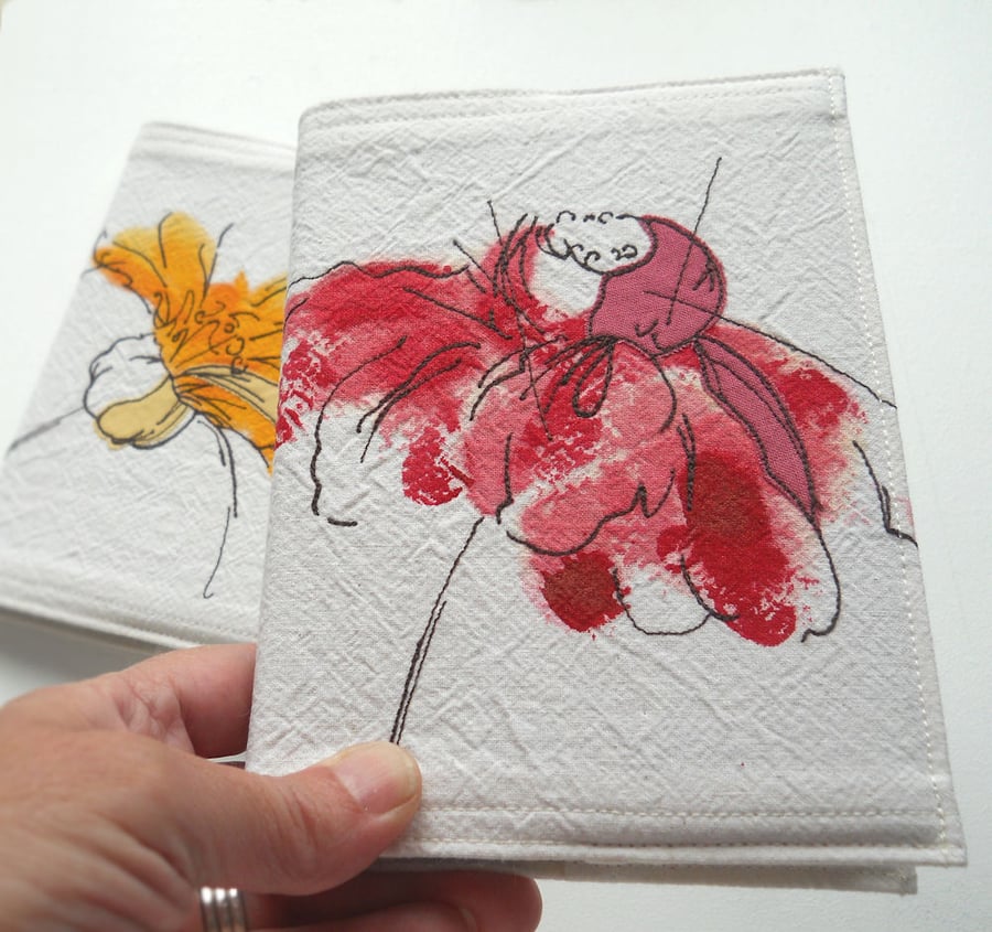A6 free hand embroidered floral notebook - red echinacea