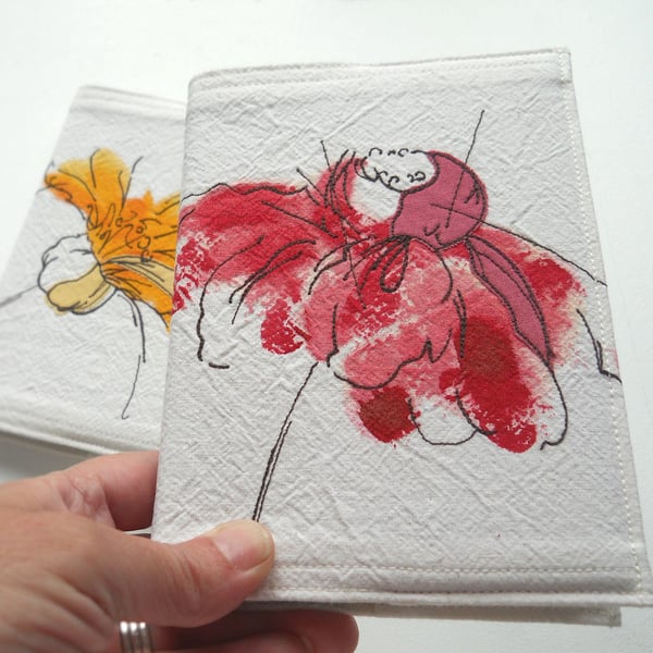 A6 free hand embroidered floral notebook - red echinacea