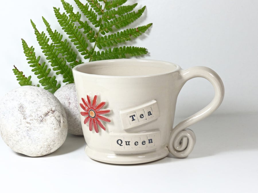 Tea Queen -  White Cream Mug,  Ceramic Pottery Handmade Stoneware Wheel Thrown