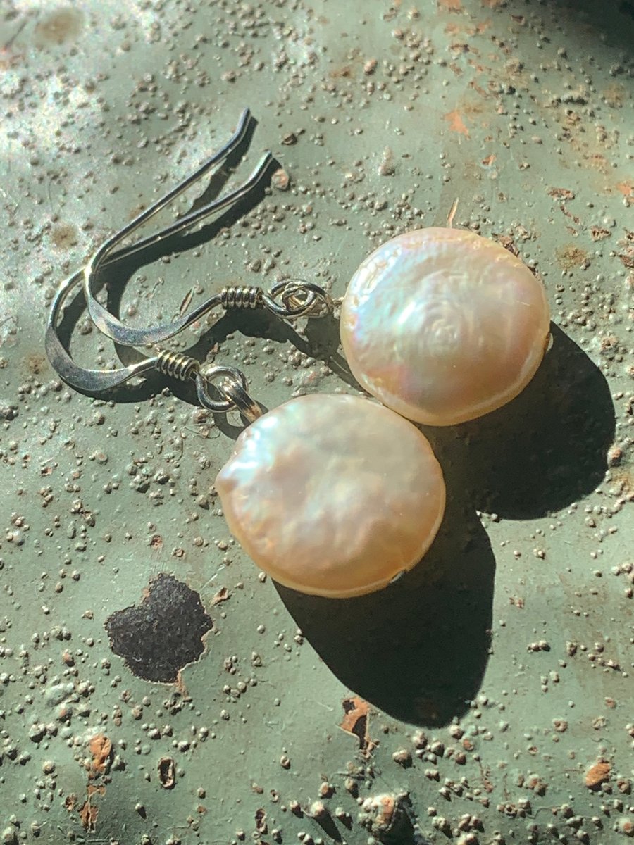 Pale peach pearl coin and silver earrings- free UK postage
