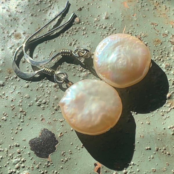 Pale peach pearl coin and silver earrings- free UK postage