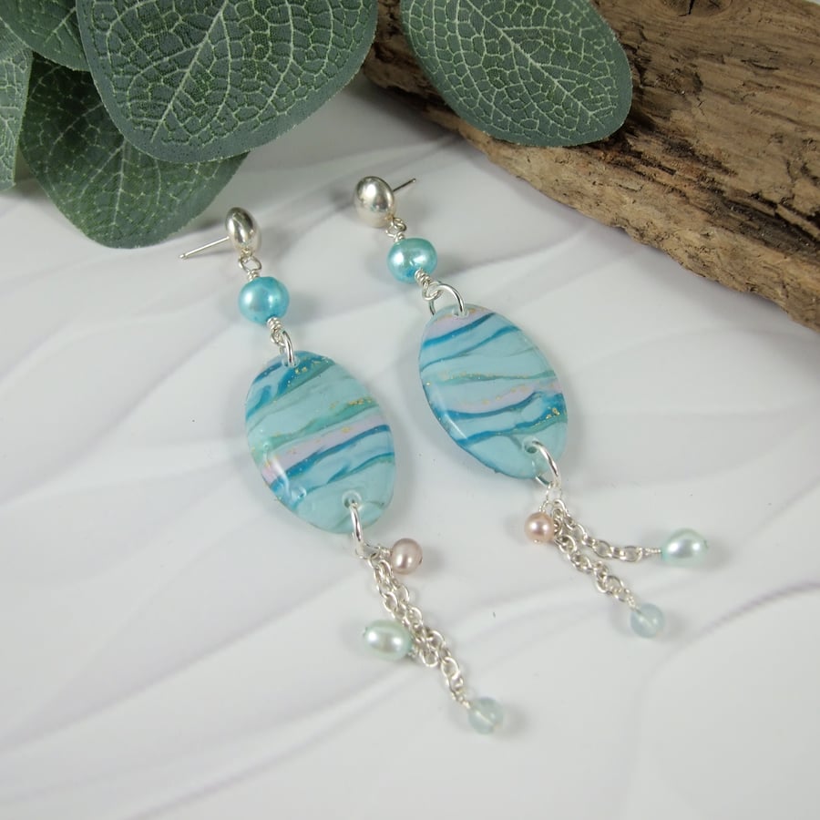 Earrings, Sterling Silver and Turquoise Marbled Polymer Clay Stud Droppers