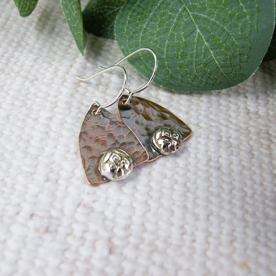 Earrings, Copper Arch with Sterling Silver Patterned Pebble Droppers
