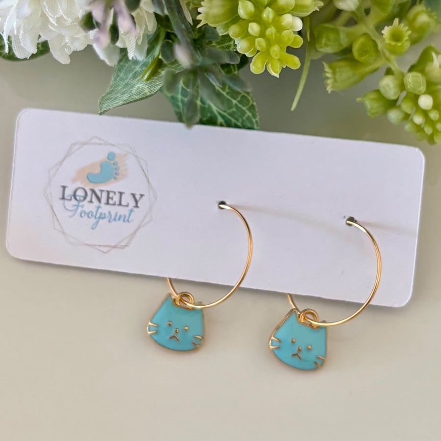 Light Blue Enamel Cat Hoop Earrings, Charm Earrings, Handmade Jewellery 