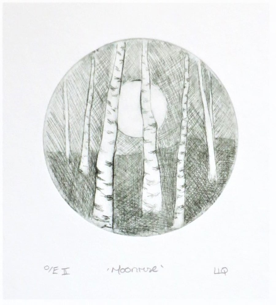 Moonrise, original drypoint print of the moon between birch trees in the forest