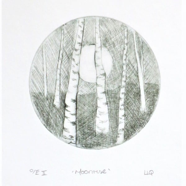 Moonrise, original drypoint print of the moon between birch trees in the forest