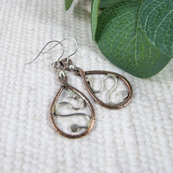 Earrings, Copper Teardrop with Curved Sterling Silver Centre