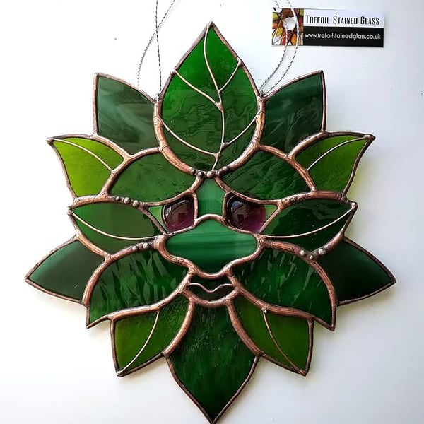 Stained Glass Green Man Suncatcher - handmade in Hampshire