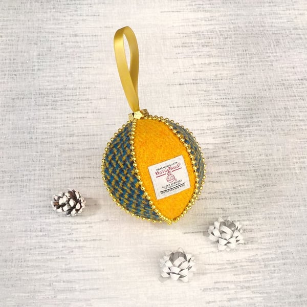 Harris tweed bauble Christmas tree decoration yellow blue and black ornament
