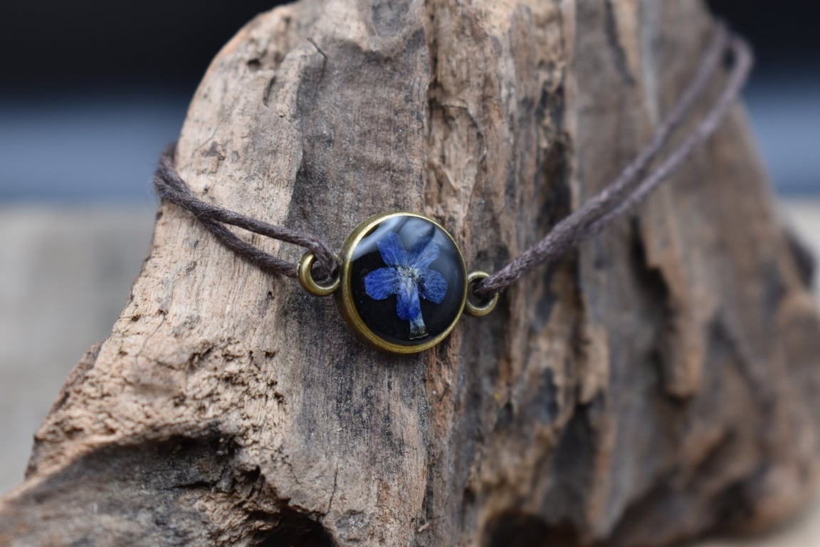 Adjustable Resin Bracelet with Tiny Pressed Flower, Waxed Cotton Cord