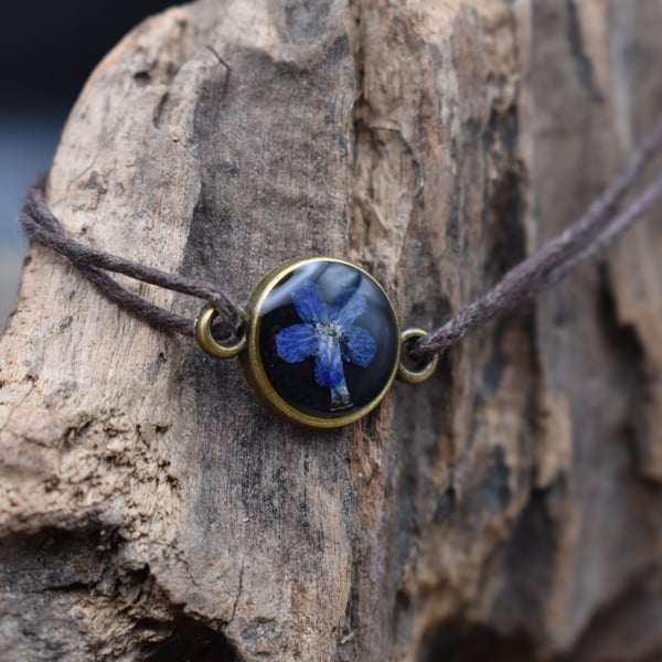 Adjustable Resin Bracelet with Tiny Pressed Flower, Waxed Cotton Cord
