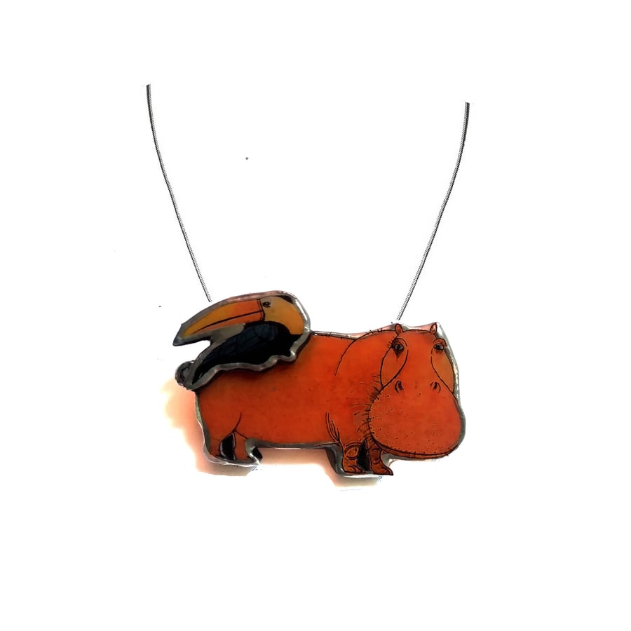 Whimsical Resin Hippo & Toucan Necklace by EllyMental