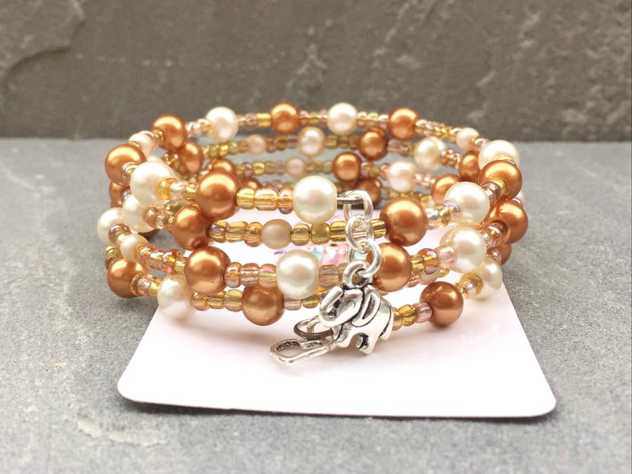 Ivory and Gold Beaded Memory Wire Wrap Around Charm Bracelet Bangle 