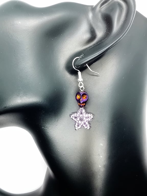 Metallic pearlescent purple skull and  lilac star beaded earrings