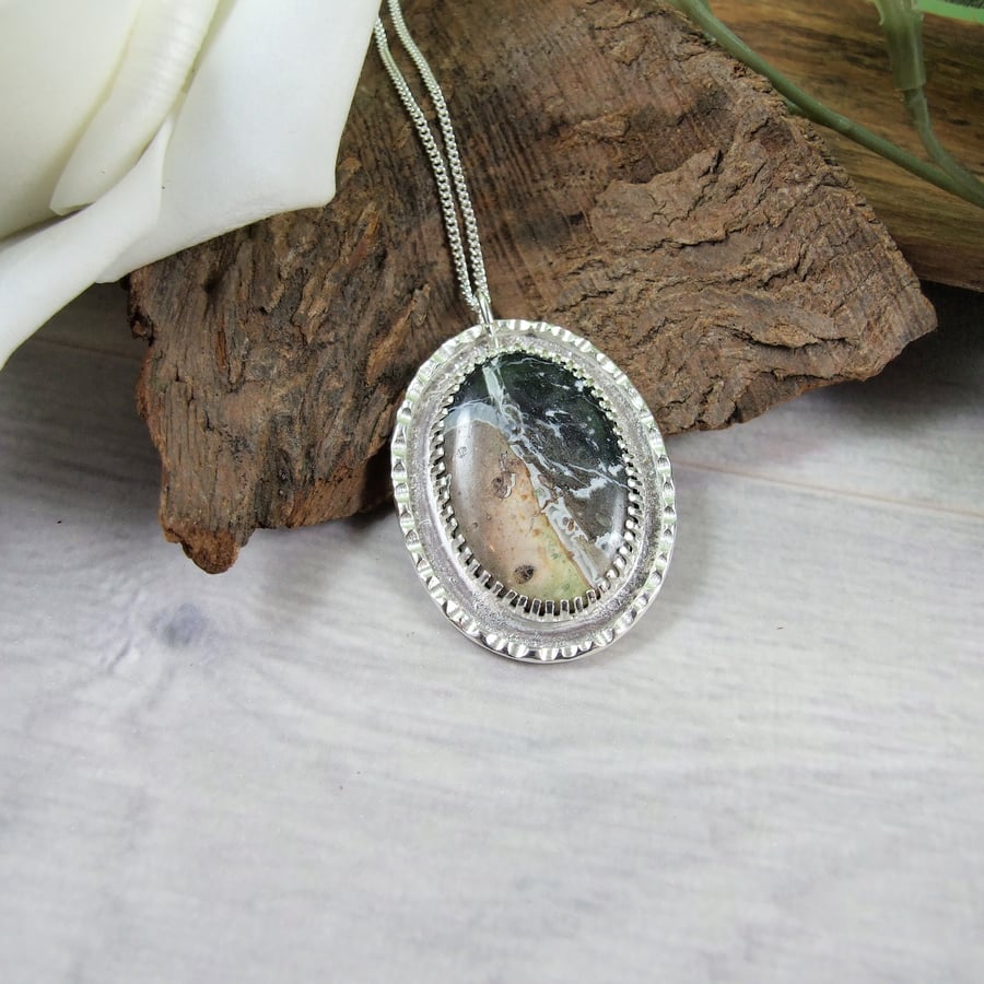 Jasper Necklace, Sterling Silver and Rainforest Jasper Pendant