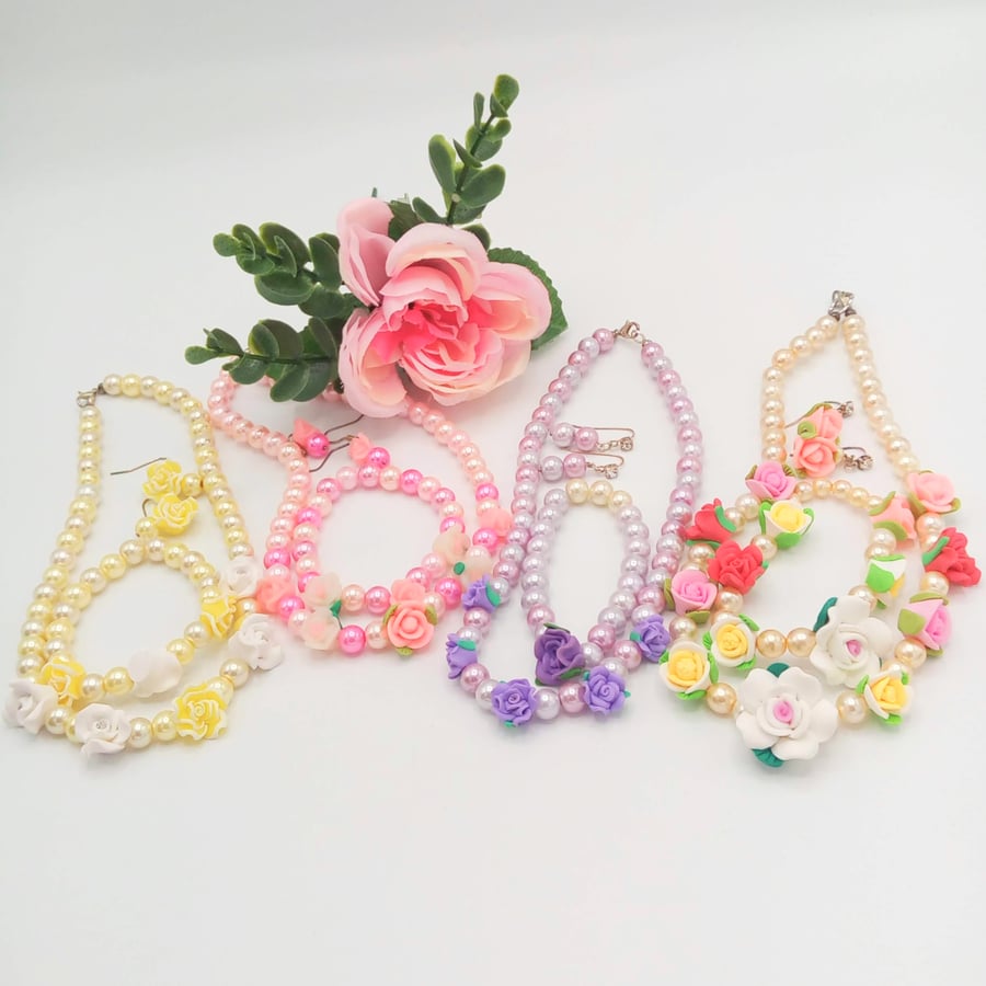 Beautiful Bundle, Flower and Pearl 3 Piece Jewellery Set, Colour Choice