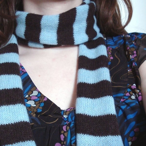Duckegg Blue & Chocolate Skinny Felted Scarf - Merino Lambswool - Scottish Knit