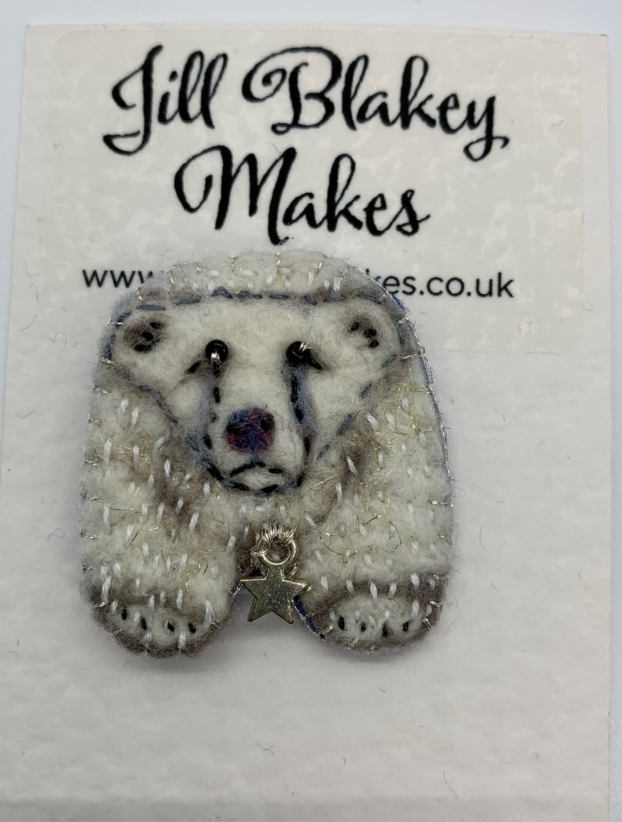 Hand crafted felt and embroidery Polar bear brooch 