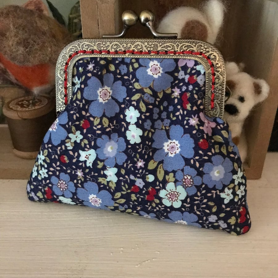 Navy floral vintage style fabric coin purse