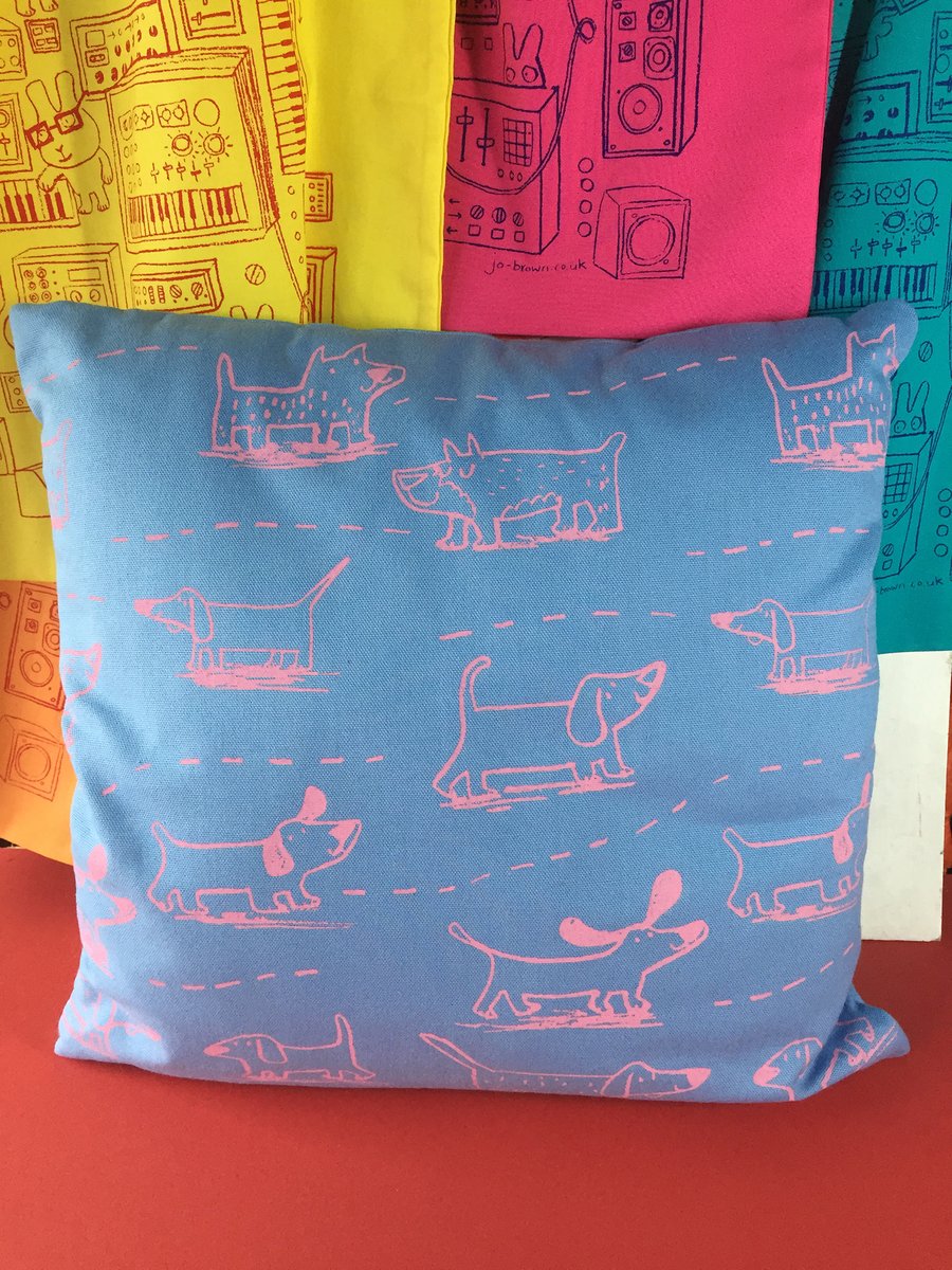 Happy Dogs screen printed cushion by Jo Brown-one of a kind