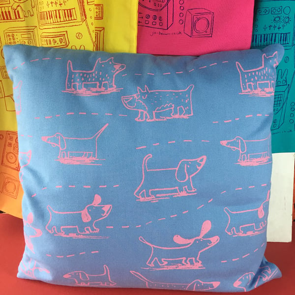 Happy Dogs screen printed cushion by Jo Brown-one of a kind