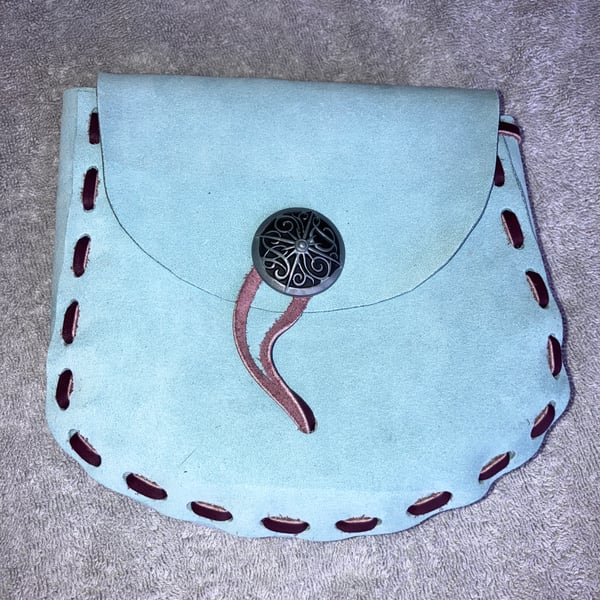 Light Ocean Blue coloured Leather Medieval - Style Pouch - FREE SHIPPING