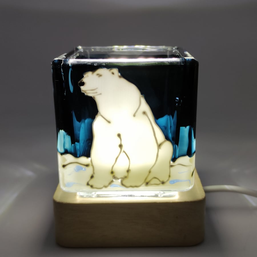 Hand painted glass candle holder, polar bear, northern lights 