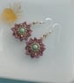 Dusky Pink and Green Vintage Style Beaded Flower Earrings - Image 3