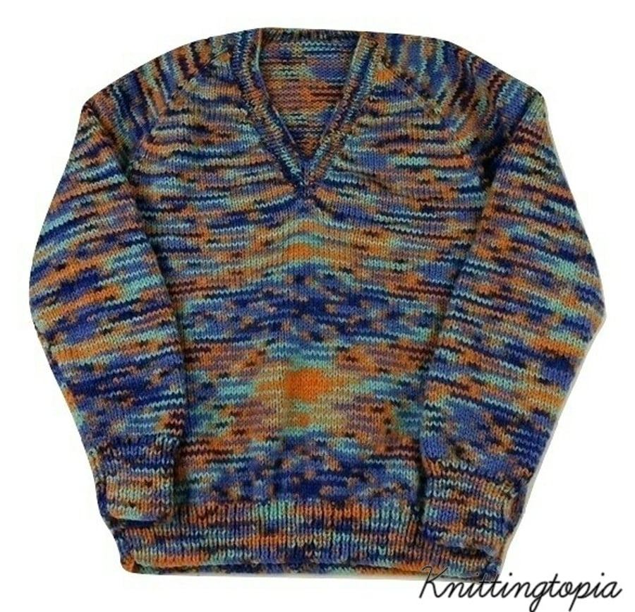 Hand knitted children's blue and orange v neck jumper to fit 5 - 6  years 