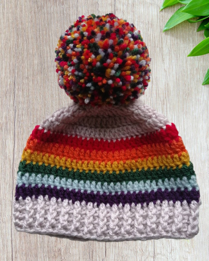 Handmade crochet, rainbow baby, pom pom hat, gender neutral, 0-3 months