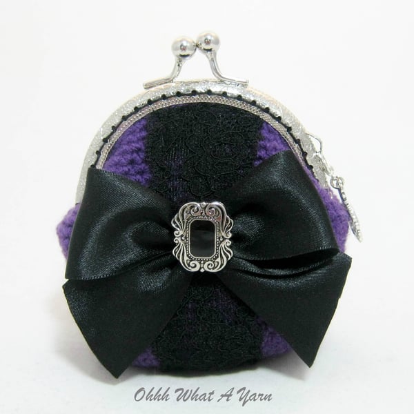 Purple and black bow and lace coin purse with kiss clasp