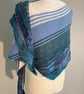 Hand Knitted Asymmetrical Wrap in Blues, Teal and White - Image 4