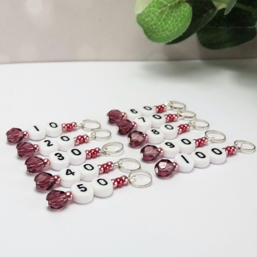 Stitch Marker Set - Raspberry Numbered 10-100 (set of 10) Stitch Marker Set for 