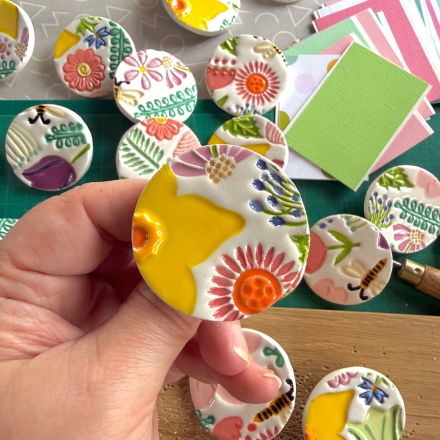 Handmade Spring Ceramic brooch, Hand Made Pottery Badge