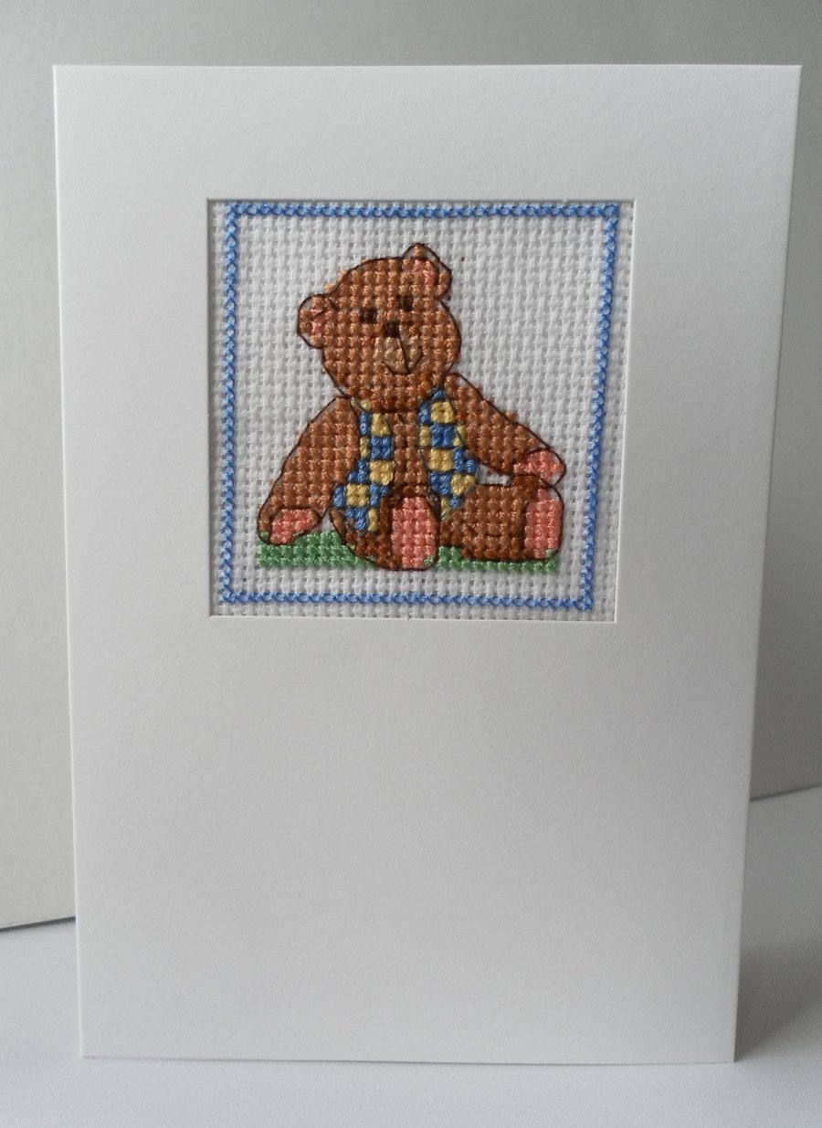 Hand sewn card, bear in waistcoat, cross stitch, birthday, father's day