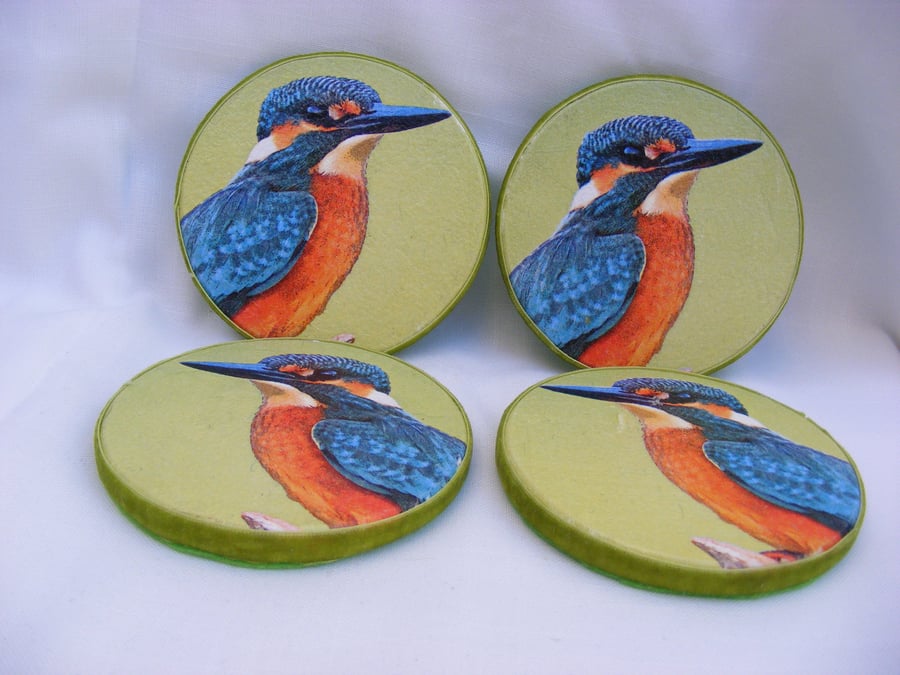 Set of 4 Round wooden decoupaged Kingfisher Coasters