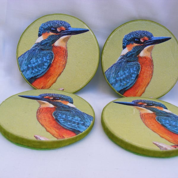 Set of 4 Round wooden decoupaged Kingfisher Coasters