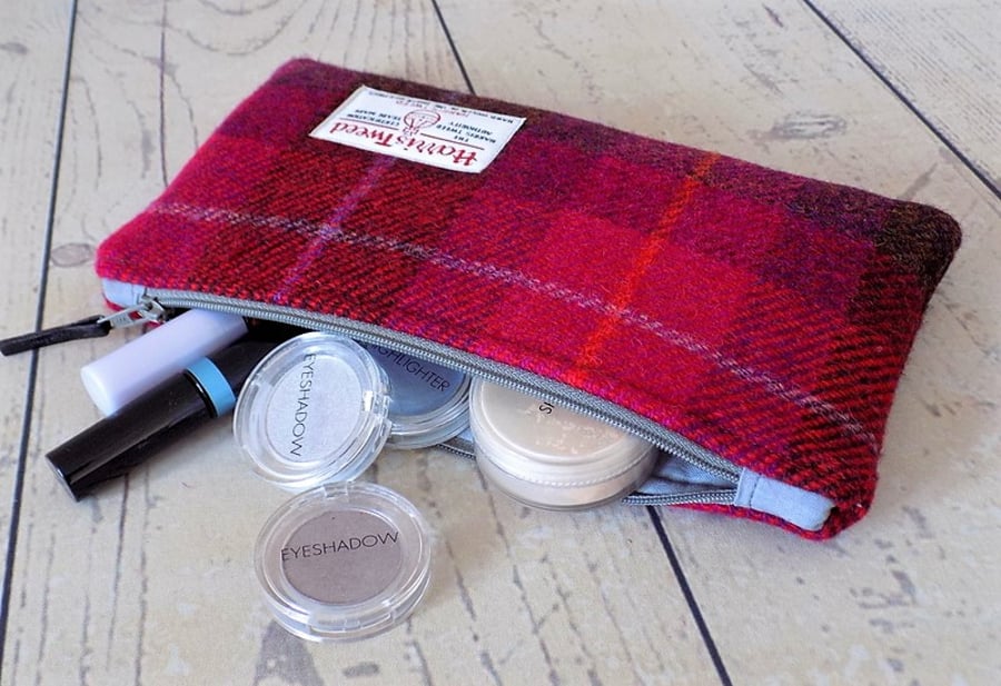 Harris Tweed clutch purse, padded pencil case, make-up bag in cerise red tartan