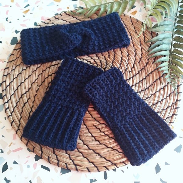 Crochet Matching Headband & Fingerless Mitts Set Midnight Blue