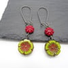 Czech Glass Flower Earrings Lime and Red