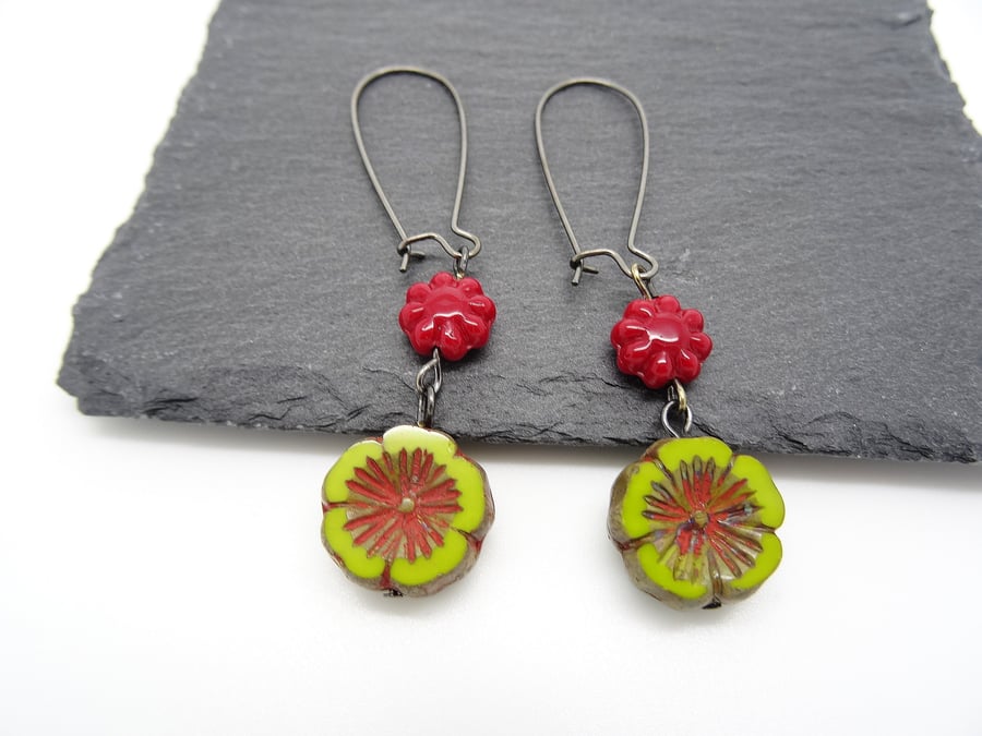 Czech Glass Flower Earrings Lime and Red