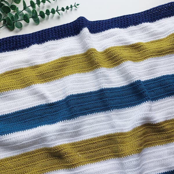 Large Stripe Crochet Baby Toddler Blanket In Blue & Green