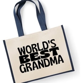 World's Best Grandma Large Jute Shopper Canvas Lunch Bag Cute Grandma Granny 