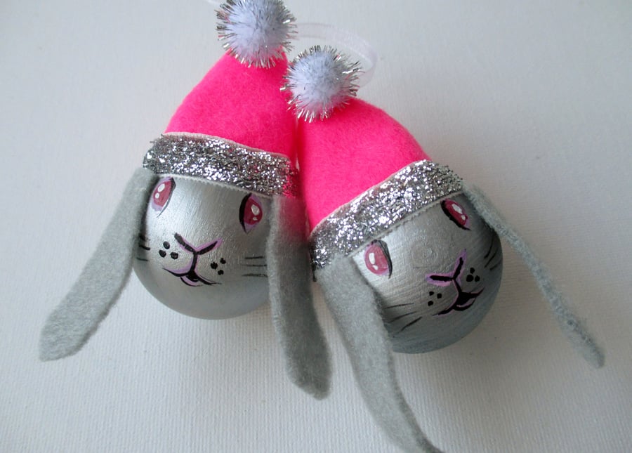 Bunny Rabbit Christmas Bauble Tree Decoration Pink Silver Lop Eared Xmas