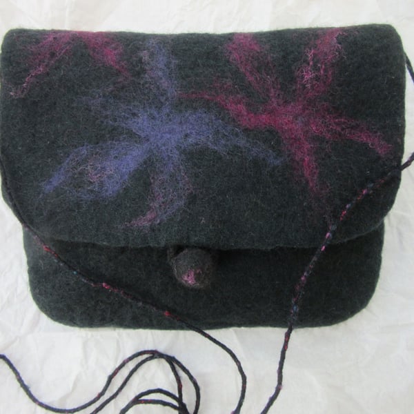 Black shoulder bag hand felted with merino wool