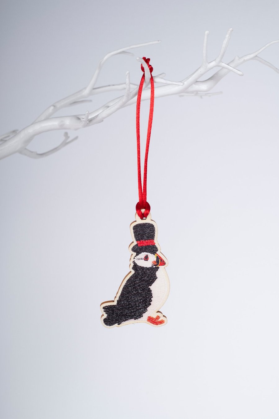 Puffin in Top Hat Wooden Decoration