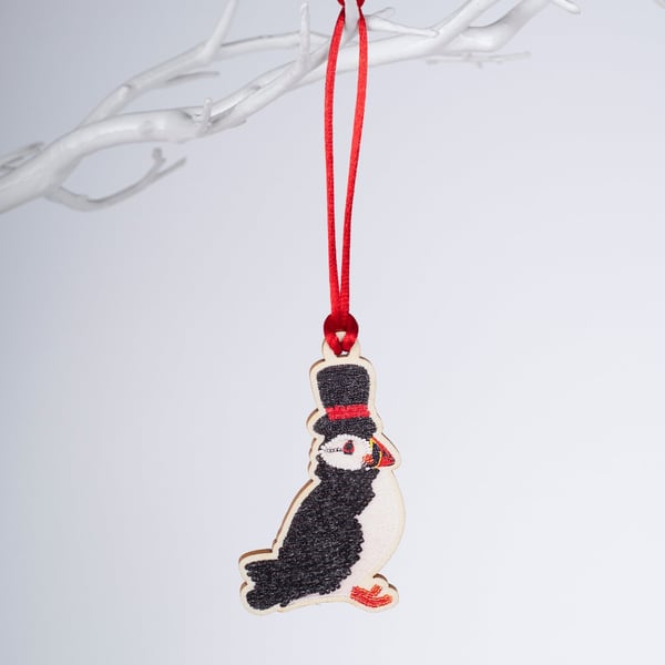 Puffin in Top Hat Wooden Decoration