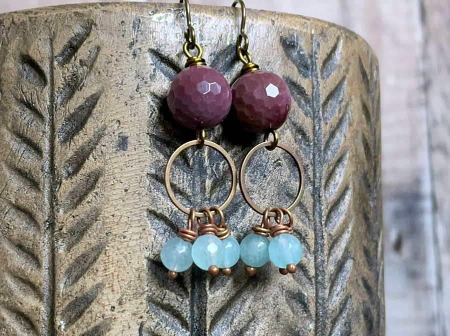 Mookaite Semi Precious Earrings – Bohemian Cluster Earrings in Purple & Blue 